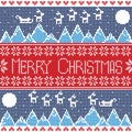 Blue, red and dark blue Scandinavian Merry xmas seamless nordic pattern with winter mountains view, reindeer, stars, snowflakes