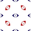 Blue and red Eye with dollar icon isolated seamless pattern on white background. Vector Royalty Free Stock Photo