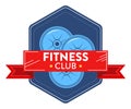 Blue and red fitness club emblem with barbell, promoting strength and health. Trendy gym logo featuring weights Royalty Free Stock Photo