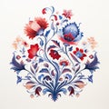 Blue And Red Floral Design On White Background - Realistic Watercolor Painting Inspired By Qajar And Rococo Art