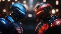 Blue and red futuristic robots face off in dramatic standoff, symbolizing rivalry
