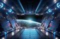 Blue and red futuristic spaceship interior with window view on planet Earth 3d rendering Royalty Free Stock Photo