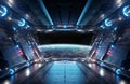 Blue and red futuristic spaceship interior with window view on planet Earth 3d rendering Royalty Free Stock Photo