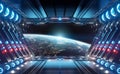 Blue and red futuristic spaceship interior with window view on planet Earth 3d rendering Royalty Free Stock Photo
