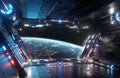 Blue and red futuristic spaceship interior with window view on planet Earth 3d rendering Royalty Free Stock Photo