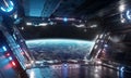 Blue and red futuristic spaceship interior with window view on planet Earth 3d rendering Royalty Free Stock Photo