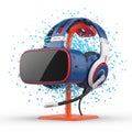 Blue and Red Gaming Headset with Microphone on Orange Stand Amidst Blue Bubbles headphones Royalty Free Stock Photo