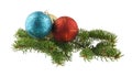 blue, red, golden ball and branch of Christmas tree isolated Royalty Free Stock Photo