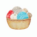 Blue red gray beige Crochet Knitting Shop Logotype, Branding, Avatar composition of yarns balls in wicker basket . Hobby