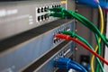 blue, red and green network cables connected to switch