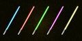 Blue, red, green, pink and yellow laser sword lightsaber set isolated on starry black galaxy background. May the 4th be