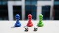 Blue, red and green plastic chips, checkers and dice. Royalty Free Stock Photo