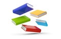 Blue, red, green and yellow hardcover books flying over white background
