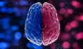 Blue and red halves of brain, blurred lights background, close up