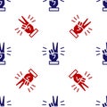 Blue and red Hand showing two finger icon isolated seamless pattern on white background. Victory hand sign. Vector Royalty Free Stock Photo