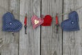 Blue and red hearts hanging on clothesline Royalty Free Stock Photo