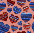 Heart, ethnic ornament, seamless pattern, pink, v ector