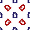 Blue and red House with dollar symbol icon isolated seamless pattern on white background. Home and money. Real estate Royalty Free Stock Photo