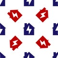 Blue and red House and lightning icon isolated seamless pattern on white background. Home energy. Vector