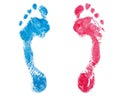 Blue & red human footprints white background isolated closeup, colorful foot print pattern, barefoot footstep silhouette, two feet