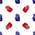 Blue and red Indian symbol hand icon isolated seamless pattern on white background. Vector Royalty Free Stock Photo