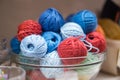 Blue and red knitting threads