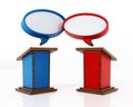 Blue and red lecterns with speech balloons. 3D illustration