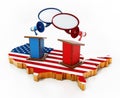 Blue and red lecterns standing on USA map. 3D illustration