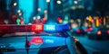 Blue and red light flasher atop of a police car. City lights on the background Royalty Free Stock Photo