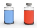 Blue and red liquids in small glass vials