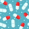Blue and red medical dose remedy, seamless pattern. Illustration of white tablet pills.