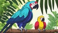 A blue and red parrot and a yellow parrot sitting on a tree branch