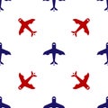 Blue and red Plane icon isolated seamless pattern on white background. Flying airplane icon. Airliner sign. Vector Royalty Free Stock Photo