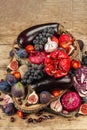 Blue, red and purple food. Culinary background of fruits and vegetables Royalty Free Stock Photo