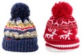Blue red reindeer winter bobble ski hat knit isolated