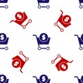 Blue and red Shopping cart and dollar symbol icon isolated seamless pattern on white background. Online buying concept Royalty Free Stock Photo