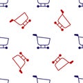 Blue and red Shopping cart icon isolated seamless pattern on white background. Food store, supermarket. Vector Royalty Free Stock Photo