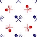 Blue and red Shovel and rake icon isolated seamless pattern on white background. Tool for horticulture, agriculture Royalty Free Stock Photo