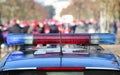 blue and red sirens on the police car in the public urban park Royalty Free Stock Photo