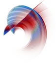 Blue-red striped curved planes intersect and rotate on a white background. Icon, logo, symbol, sign. 3D rendering.