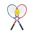 Blue and red tennis rackets and ball isolated white Royalty Free Stock Photo