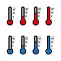 Blue and red thermometer icon with different levels, flat style Royalty Free Stock Photo