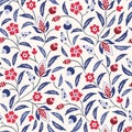 Blue and Red Traditional Chintz Floral Vector Seamless Pattern. Classic Background Royalty Free Stock Photo