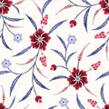 Blue and Red Traditional Chintz Floral Vector Seamless Pattern. Classic Background