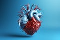 Blue red transparent layout in the shape of an anatomical heart on a blue background. Generative AI