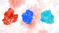 Blue, red, turquoise spots and splashes on a light background. Abstract watercolor background