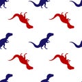 Blue and red tyrannosaurus, graphical dinosaur icon isolated seamless pattern on white background. Vector