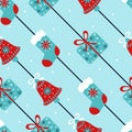 Blue and red vintage diagonal seamless pattern with christmas bells, stockings and gifts