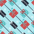 Blue and red vintage diagonal seamless pattern with christmas gifts and snowflakes