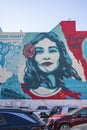 A blue and red wall mural with a picture of a woman with a flower in her hair surrounded by skyscrapers and office buildings